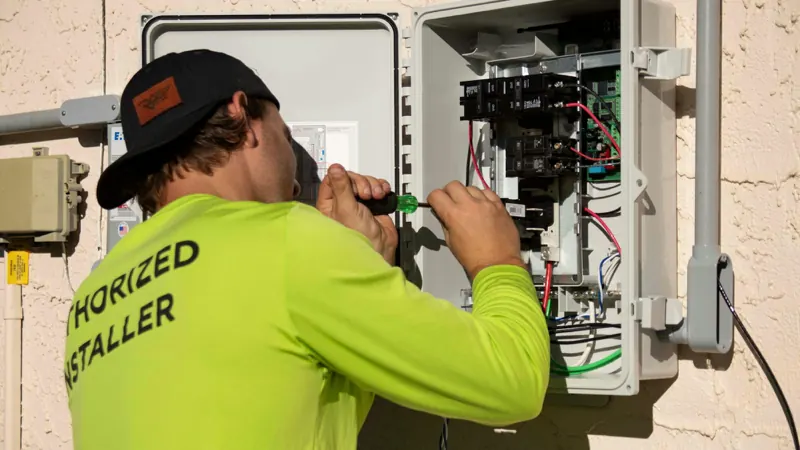 Stock photo: an electrician working on an open breaker panel